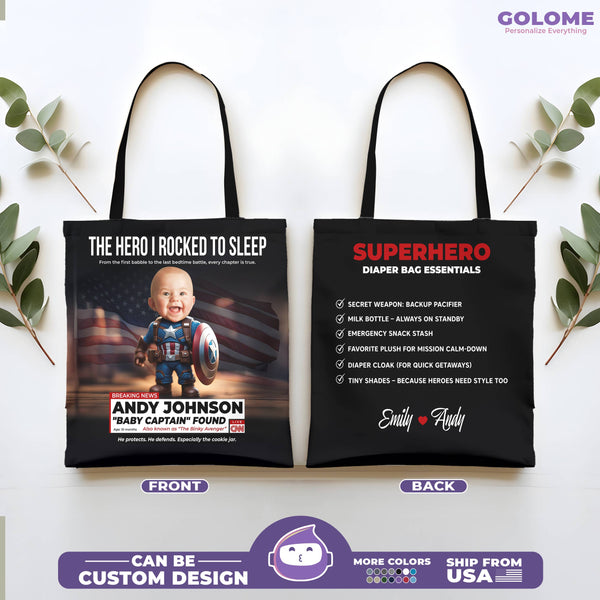 Personalized Baby Superhero Tote Bag – Custom Captain Design with Name, Photo & Quote